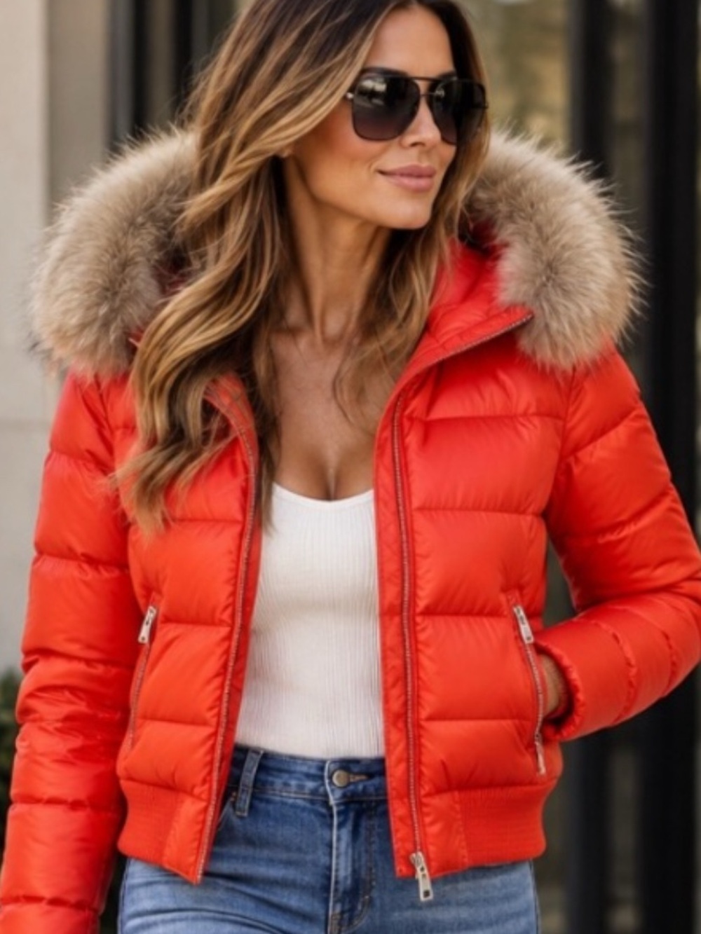 EUC Andrew Marc Raccoon Bomber Jacket w Hood Sz L